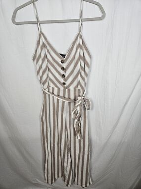 Derek Heart Beige & White Striped Tie-Waist Jumpsuit